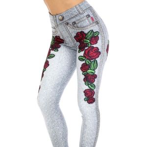 USA Fashion Denim Rose Leggings Fits Size 0-10